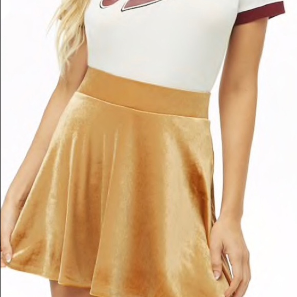 F21 Gold Crushed Velvet Mini Skater Skirt